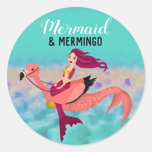 Whimsical Cute Paarse Mermaid & Pink Mermingo Ronde Sticker (Voorkant)