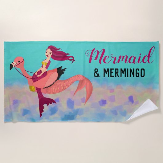 Whimsical Cute Paarse Mermaid & Pink Mermingo Strandlaken (Voorkant)