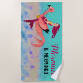Whimsical Cute Paarse Mermaid & Pink Mermingo Strandlaken (Voorkant)