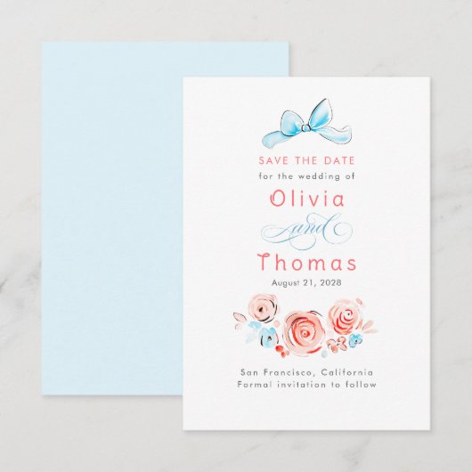 Whimsical Cute Pastel Flowers Bow Save the Date (Voorkant / Achterkant)