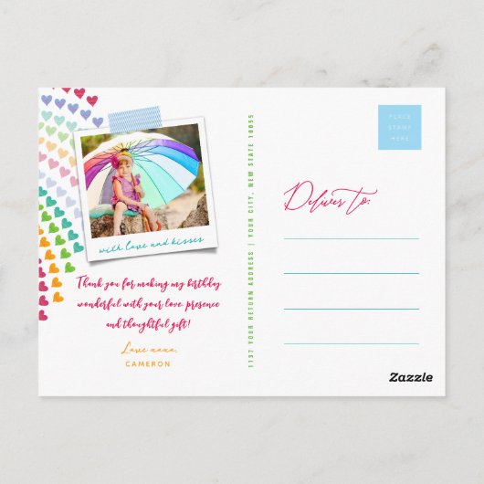 Whimsical Cute Rainbow Hearts Kinder Foto bedankt Briefkaart (Achterkant)