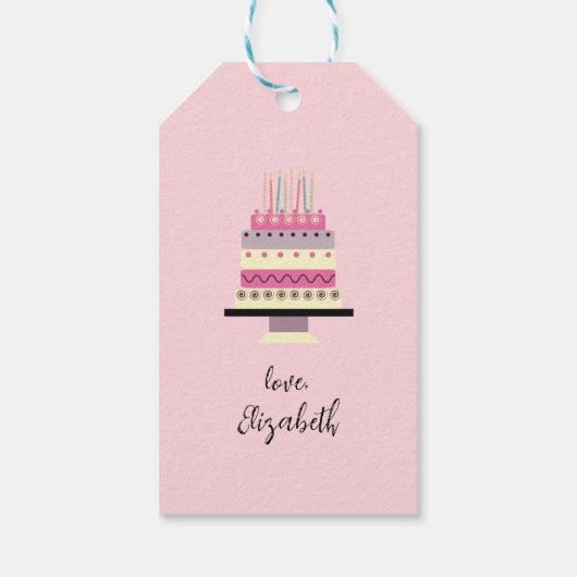 Whimsical Cute Retro Girly Pink Birthday Cake Cadeaulabel (Achterkant)
