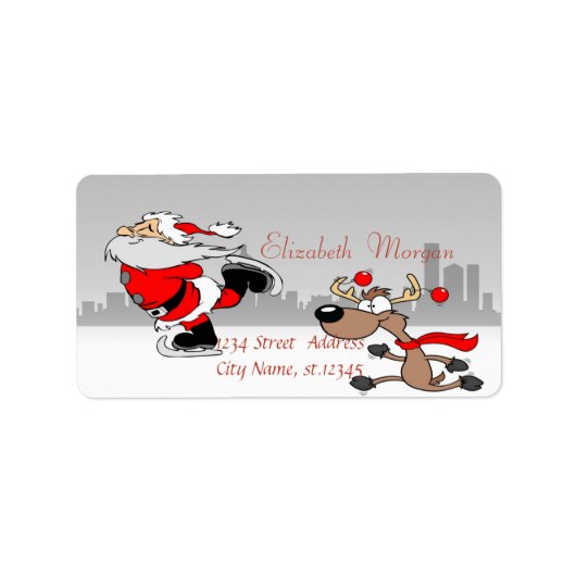 Whimsical Cute Santa Claus, Reindeer Kerstmis Etiket (Voorkant)