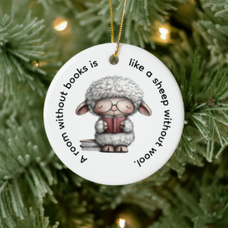 Whimsical Cute Sheep Reading a Book Keramisch Ornament