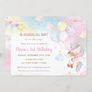 Whimsical Cute Unicorn Balloons Rainbow Birthday  Kaart