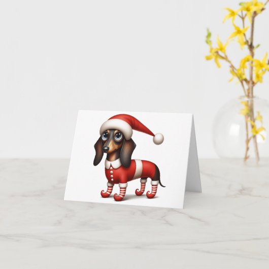 WHIMSICAL DACHSHUND ELF KERST KAART (Gele Bloem)