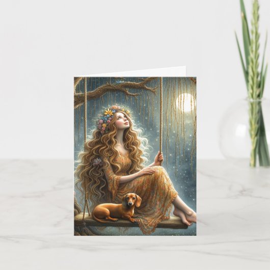 Whimsical Dachshund en Meisje Downloadable Kaart (Voorkant)