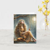 Whimsical Dachshund en Meisje Downloadable Kaart (Gele Bloem)