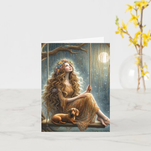 Whimsical Dachshund en Meisje Downloadable Kaart (Gele Bloem)