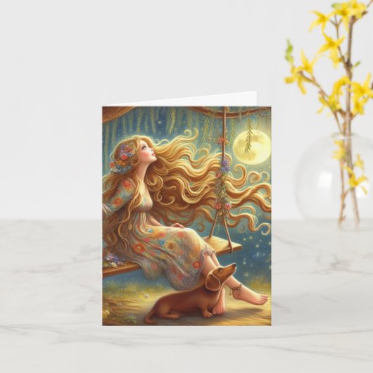 Whimsical Dachshund en Meisje Downloadable Kaart (Gele Bloem)