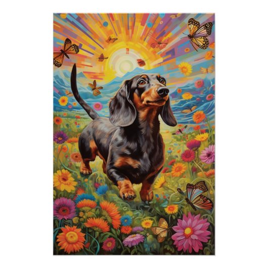 Whimsical Dachshund en Vlinderdans Perfect Poster (Voorkant)