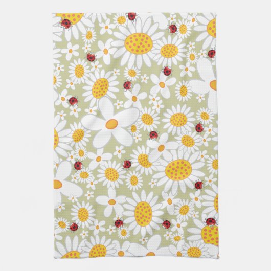 Whimsical Daisies Flowers Red Ladybugs Cute Theedoek (Verticaal)
