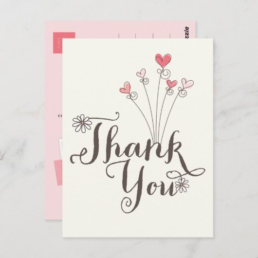 Whimsical Daisies Pink Hearts Verjaardag Dank u Briefkaart (Voorkant / Achterkant)