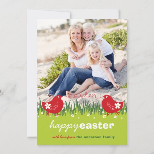 Whimsical Daisies Red Chicks Easter Photo Card Feestdagenkaart (Voorkant)