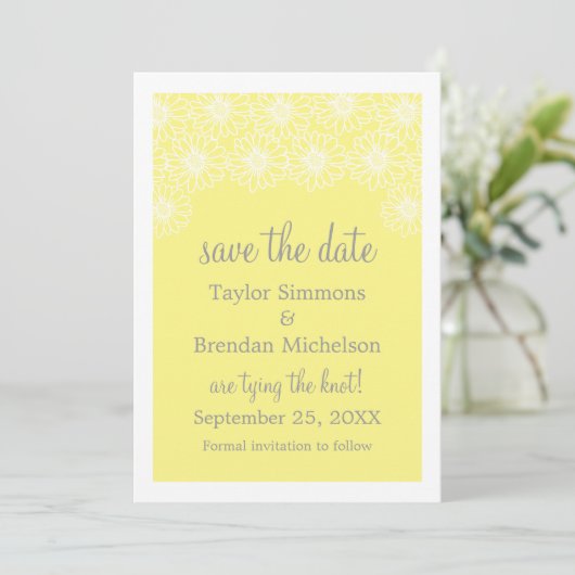 Whimsical Daisies Save the Date Invite, Yellow (Staand voorkant)