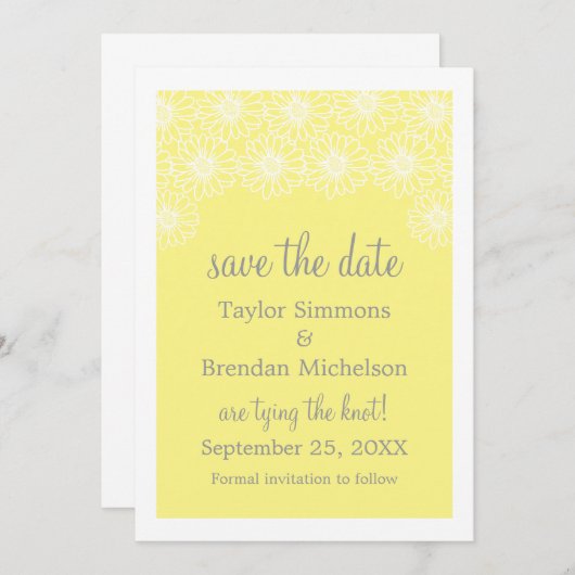 Whimsical Daisies Save the Date Invite, Yellow (Voorkant / Achterkant)