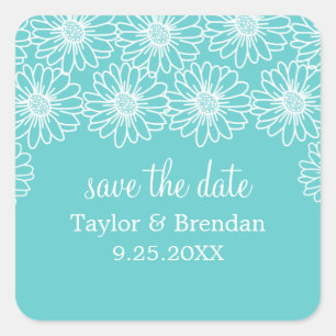 Whimsical Daisies Save the Date Stickers, Aqua Vierkante Sticker