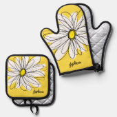 Whimsical Daisy Custom Text en kan kleur bewerken Ovenwant & Pannenlap Set (Voorkant / Achterkant)