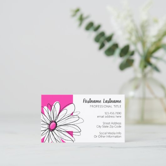 Whimsical Daisy met Modern Script font - hot roze Visitekaartje (Staand voorkant)