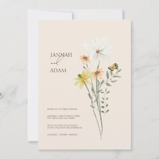 Whimsical Daisy Yellow Wildflowers Wedding Kaart (Voorkant)