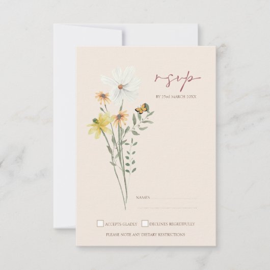 Whimsical Daisy Yellow Wildflowers Wedding RSVP Kaartje (Voorkant)