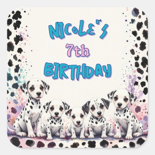 Whimsical Dalmatian Puppies Birthday Personalized Vierkante Sticker (Voorkant)