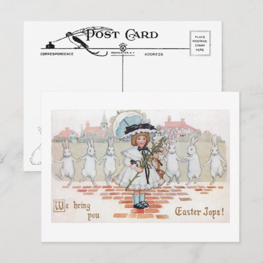 Whimsical Dancing Easter Bunnies and Child Briefkaart (Voorkant / Achterkant)