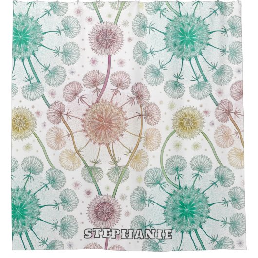 Whimsical Dandelion Breeze – Pastel Botanical Douchegordijn (Voorkant)