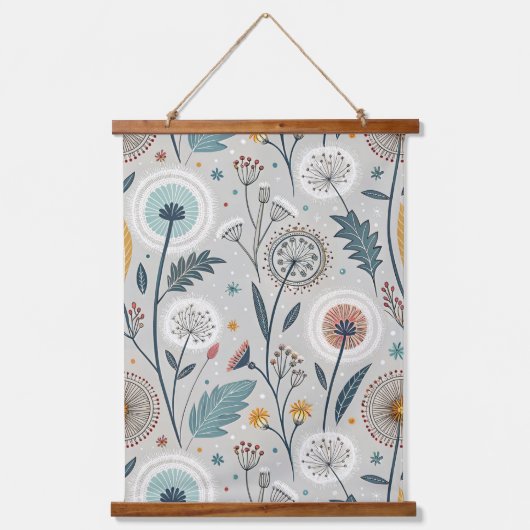 Whimsical Dandelion & Floral Folk Art Naadloos Hangend Wandkleed (Voorkant)