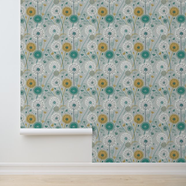 Whimsical Dandelion - Geel, Wit & Blauwgroen Behang (Applicatie)