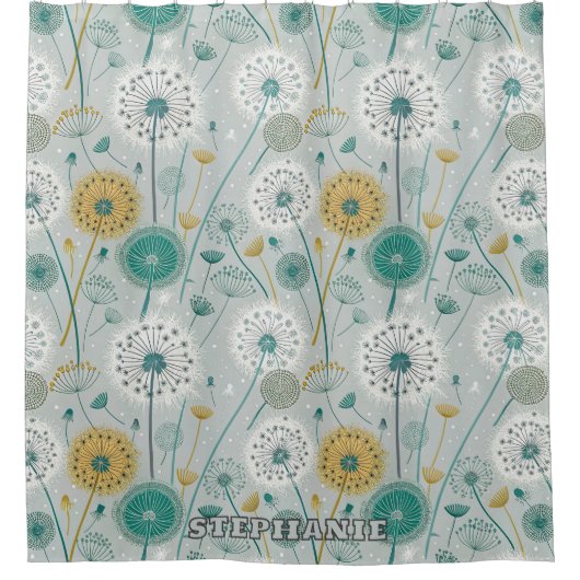 Whimsical Dandelion - Geel, Wit & Blauwgroen Douchegordijn (Voorkant)