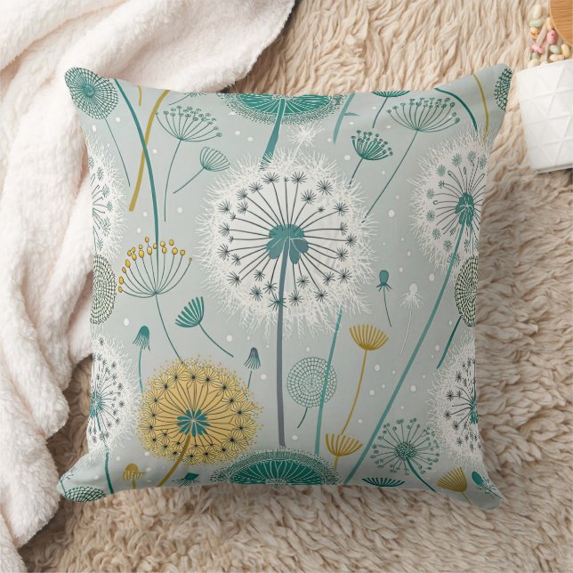 Whimsical Dandelion - Geel, Wit & Blauwgroen Kussen (Deken)