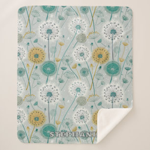 Whimsical Dandelion - Geel, Wit & Blauwgroen Sherpa Deken