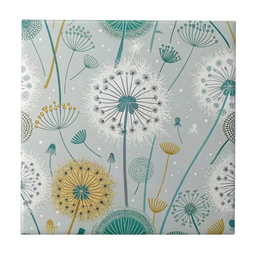 Whimsical Dandelion - Geel, Wit & Blauwgroen Tegeltje (Voorkant)