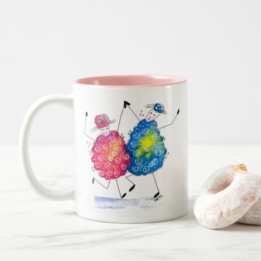 Whimsical Dansende Sheep Tweekleurige Koffiemok (Met donut)