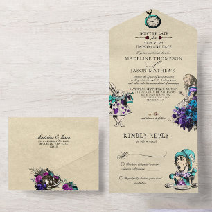 Whimsical Dark Alice in Wonderland Wedding All In One Uitnodiging