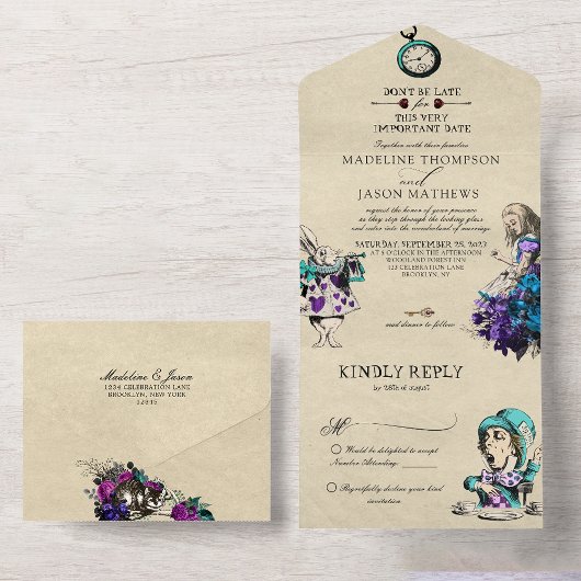  Whimsical Dark Alice in Wonderland Wedding All In One Uitnodiging