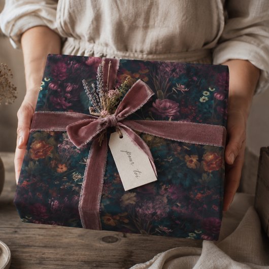 Whimsical Dark Moody Boho Floral Decoupage Cadeaupapier