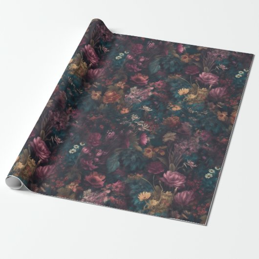 Whimsical Dark Moody Boho Floral Decoupage Cadeaupapier (Uitgerold)