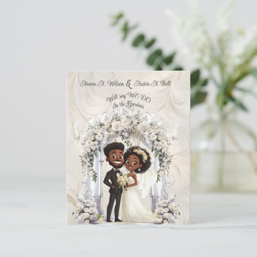 Whimsical Dark Skin Bruid Bruidegom Wedding Arch (Staand voorkant)