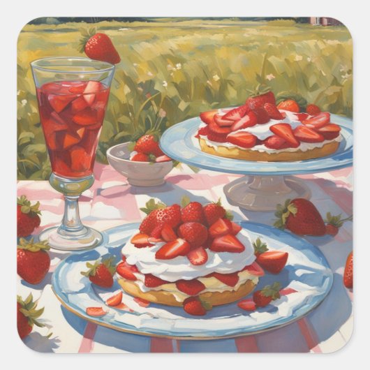 Whimsical decadent Strawberry Shortcake party Vierkante Sticker (Voorkant)