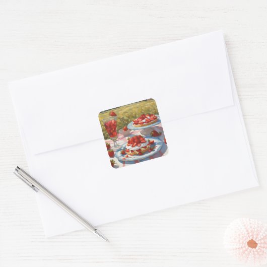 Whimsical decadent Strawberry Shortcake party Vierkante Sticker (Envelop)