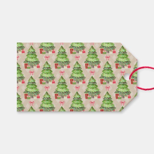 Whimsical Decorated Kerstbomen en Red Bows Cadeaulabel (Voorkant (Horizontaal))