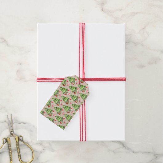 Whimsical Decorated Kerstbomen en Red Bows Cadeaulabel (Met Touw)