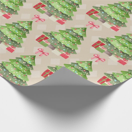 Whimsical Decorated Kerstbomen en Red Bows Cadeaupapier (Hoek)