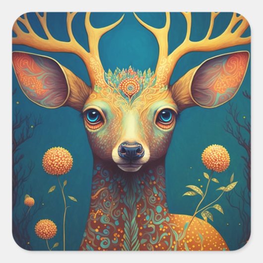 Whimsical Deer Fantasy Art Vierkante Sticker (Voorkant)
