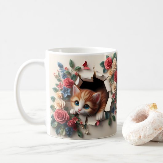 Whimsical Delight: 3D Kitten Hole in een Muur Bloe Koffiemok (Met donut)