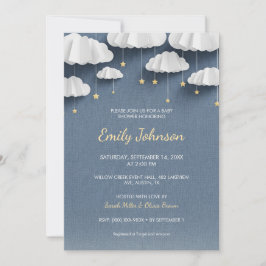 Whimsical Denim Blue Baby shower Invitation Kaart