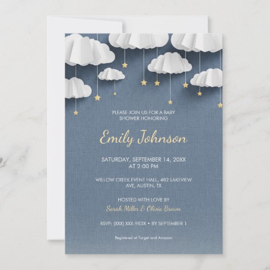 Whimsical Denim Blue Baby shower Invitation Kaart (Voorkant)