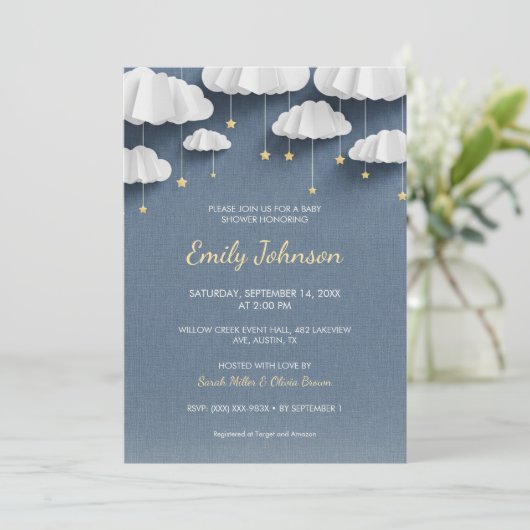 Whimsical Denim Blue Baby shower Invitation Kaart (Staand voorkant)